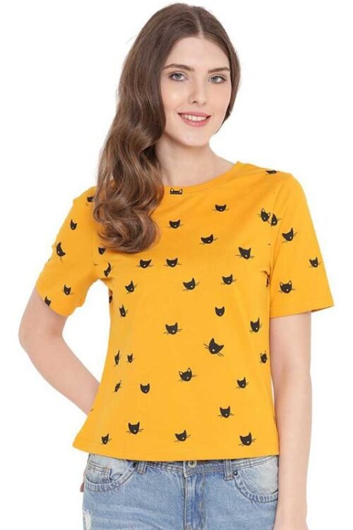Casual Half Sleeve Printed Women Yellow Top