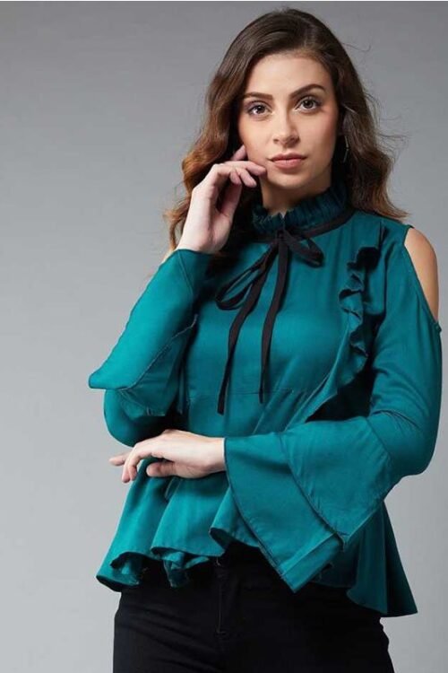 Casual Bell Sleeve Solid Women Green Top