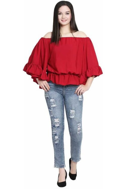Casual Ruffled Sleeve Solid Women Maroon Top