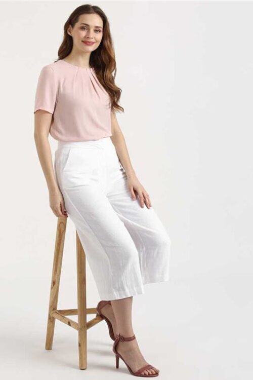 Relaxed Women White Cotton Linen Blend Trousers