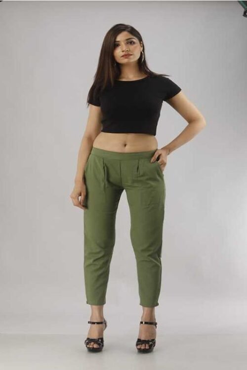 Regular Fit Women Green Cotton Blend Trousers