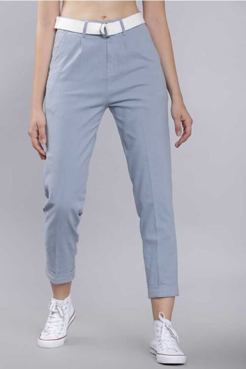 Regular Fit Women Blue Cotton Lycra Blend Trousers