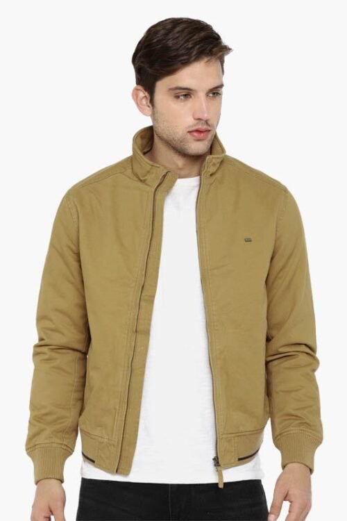 Men Khaki Solid Bomber Jacket