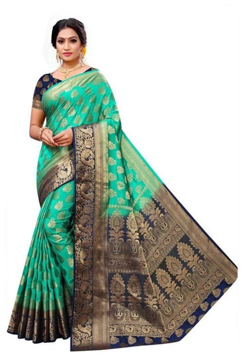 Printed Banarasi Jacquard, Art Silk Saree (Green)