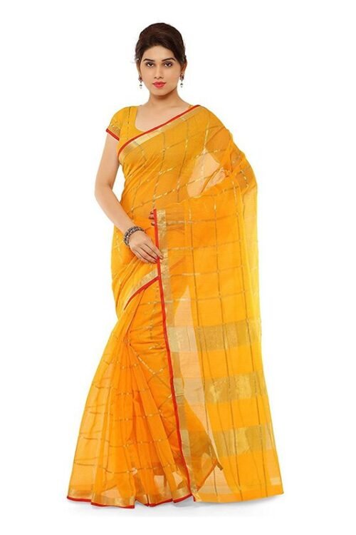 Woven, Striped, Self Design Kota Doria Cotton Silk Saree (Yellow)