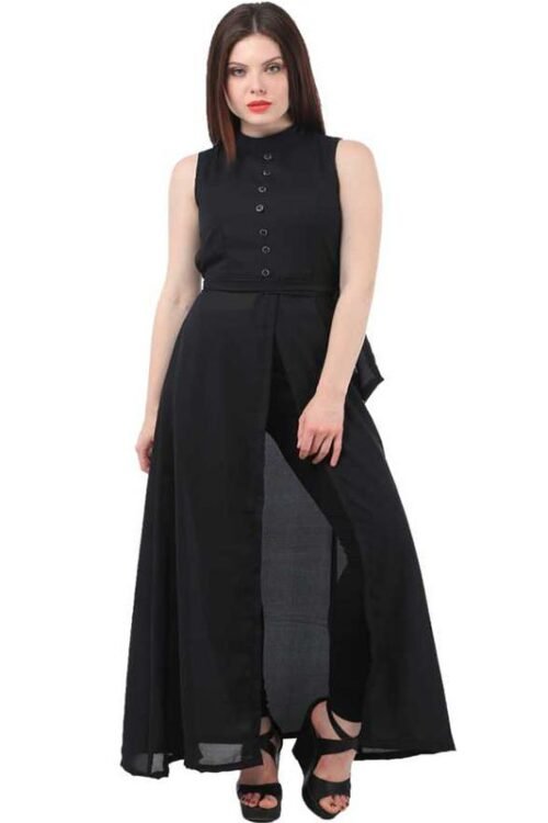 KMB Women Solid Poly Georgette Straight Kurta (Black)