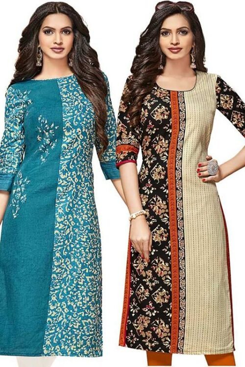 Prints Women Printed Pure Cotton Straight Kurta (Blue, Beige)