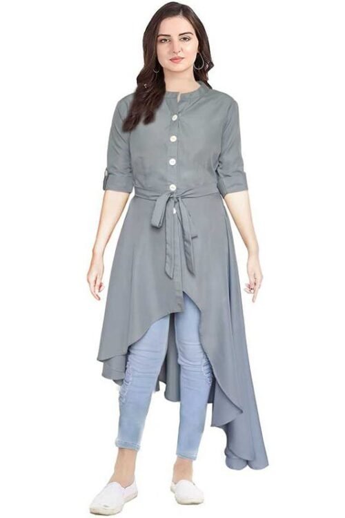 Gliter Fashion Women Solid Crepe Frontslit Kurta (Grey)