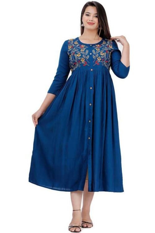 D Fashion Women Embroidered Rayon Flared Kurta (Light Blue)