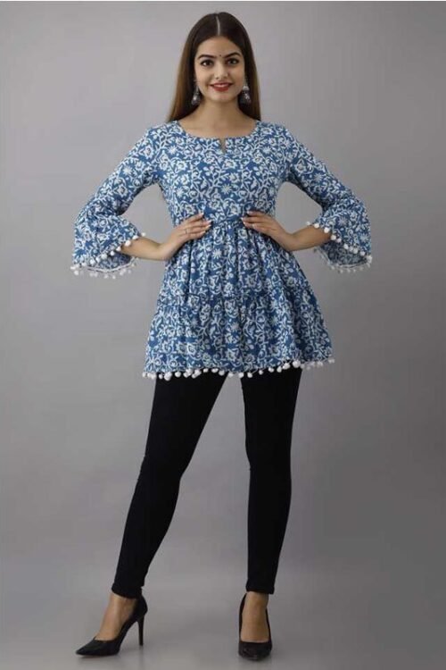 Casual Bell Sleeve Floral Print, Printed Women Light Blue Top