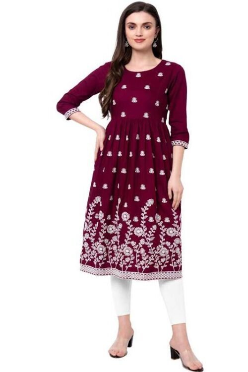 Purvi Women Embroidered Rayon Flared Kurta (Purple)