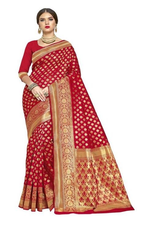 Woven Banarasi Silk Blend, Jacquard Saree  (Red)