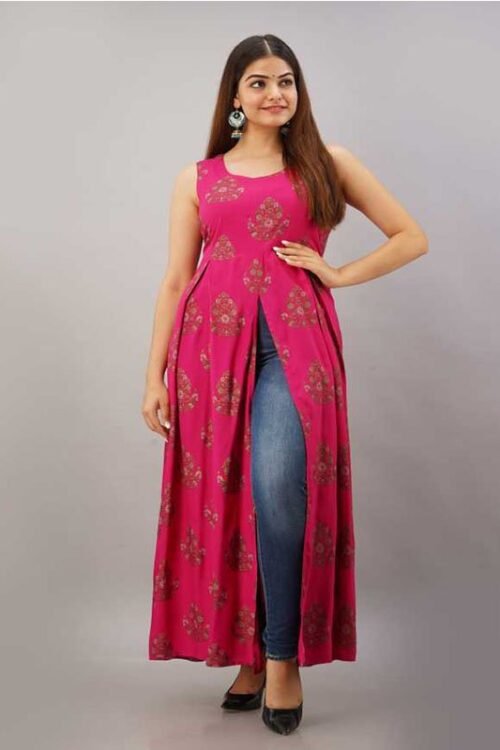 Shobha Women Floral Print Rayon Frontslit Kurta (Pink)