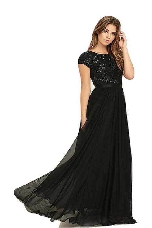 Royal Solid Georgette Blend Stitched Flared/A-line Gown  (Black)