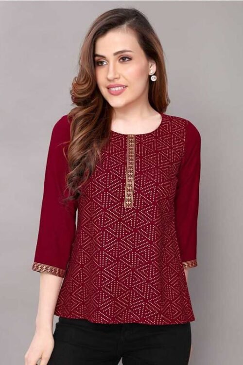 Casual 3/4 Sleeve Geometric Print, Printed Women Maroon Top